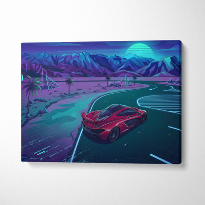 McLaren P1 Inspired Red Teal Canvas Wall Art, Neon Vaporwave Supercar Artwork for Garage Decor