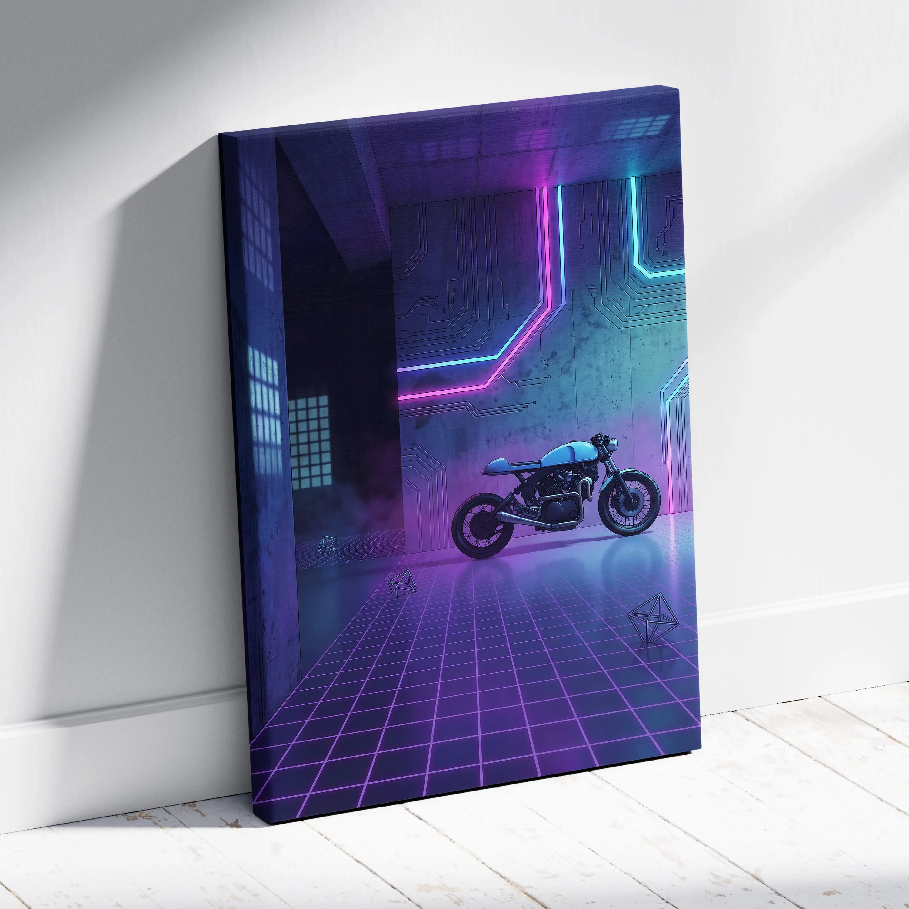 Custom Honda CB750 Inspired Purple Cyan Motorcycle Canvas Wall Art Vaporwave Neon Cyberpunk Garage Decor Retro Futuristic Café Racer Artwork
