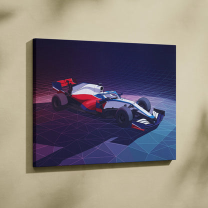 Formula 1 Car Inspired White Blue Canvas Wall Art, Vaporwave Race Car Artwork, Neon Grid Garage Decor, Retro Futuristic Motorsport Print