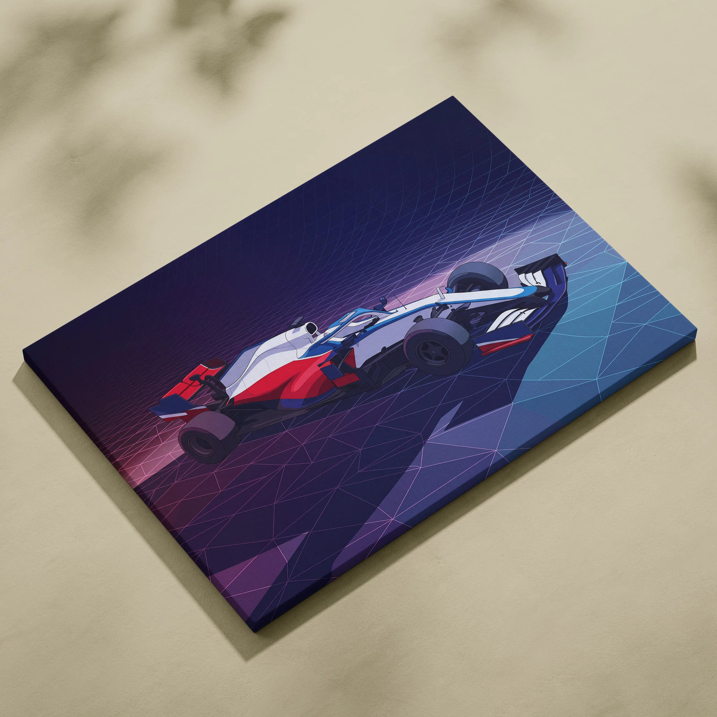Formula 1 Car Inspired White Blue Canvas Wall Art, Vaporwave Race Car Artwork, Neon Grid Garage Decor, Retro Futuristic Motorsport Print