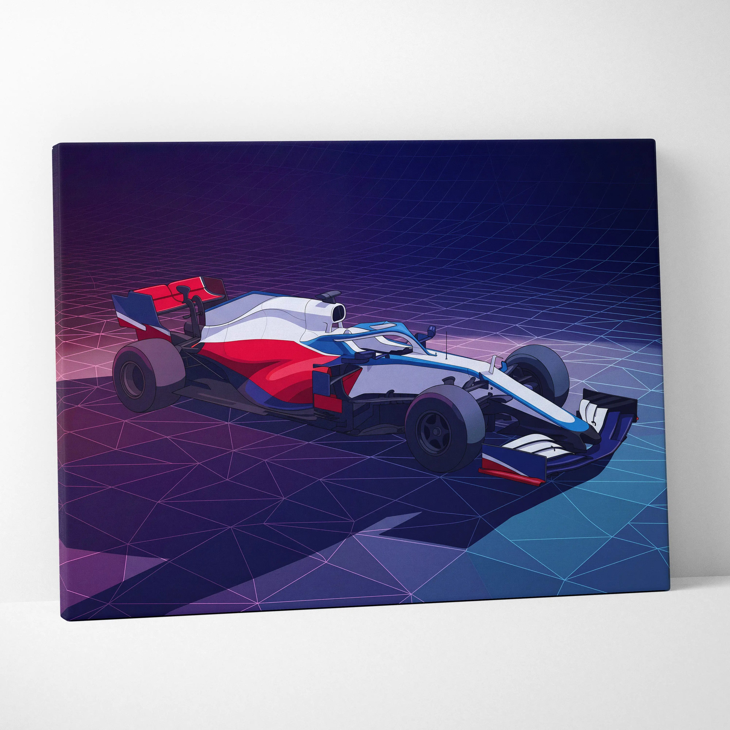 Formula 1 Car Inspired White Blue Canvas Wall Art, Vaporwave Race Car Artwork, Neon Grid Garage Decor, Retro Futuristic Motorsport Print