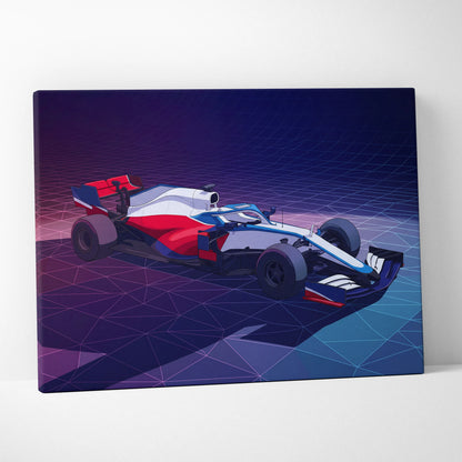 Formula 1 Car Inspired White Blue Canvas Wall Art, Vaporwave Race Car Artwork, Neon Grid Garage Decor, Retro Futuristic Motorsport Print