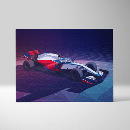 Formula 1 Car Inspired White Blue Canvas Wall Art, Vaporwave Race Car Artwork, Neon Grid Garage Decor, Retro Futuristic Motorsport Print
