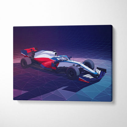 Formula 1 Car Inspired White Blue Canvas Wall Art, Vaporwave Race Car Artwork, Neon Grid Garage Decor, Retro Futuristic Motorsport Print