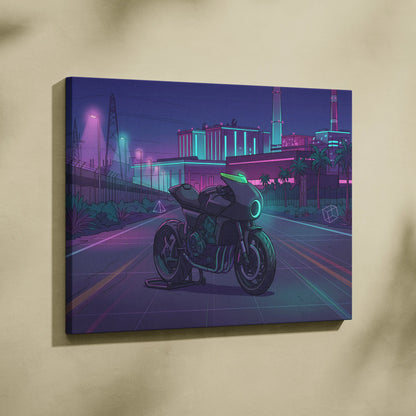 Honda CB1000R Inspired Purple Teal Motorcycle Canvas Wall Art Vaporwave Neon City Sportbike Artwork for Garage Decor Retro Futuristic Print
