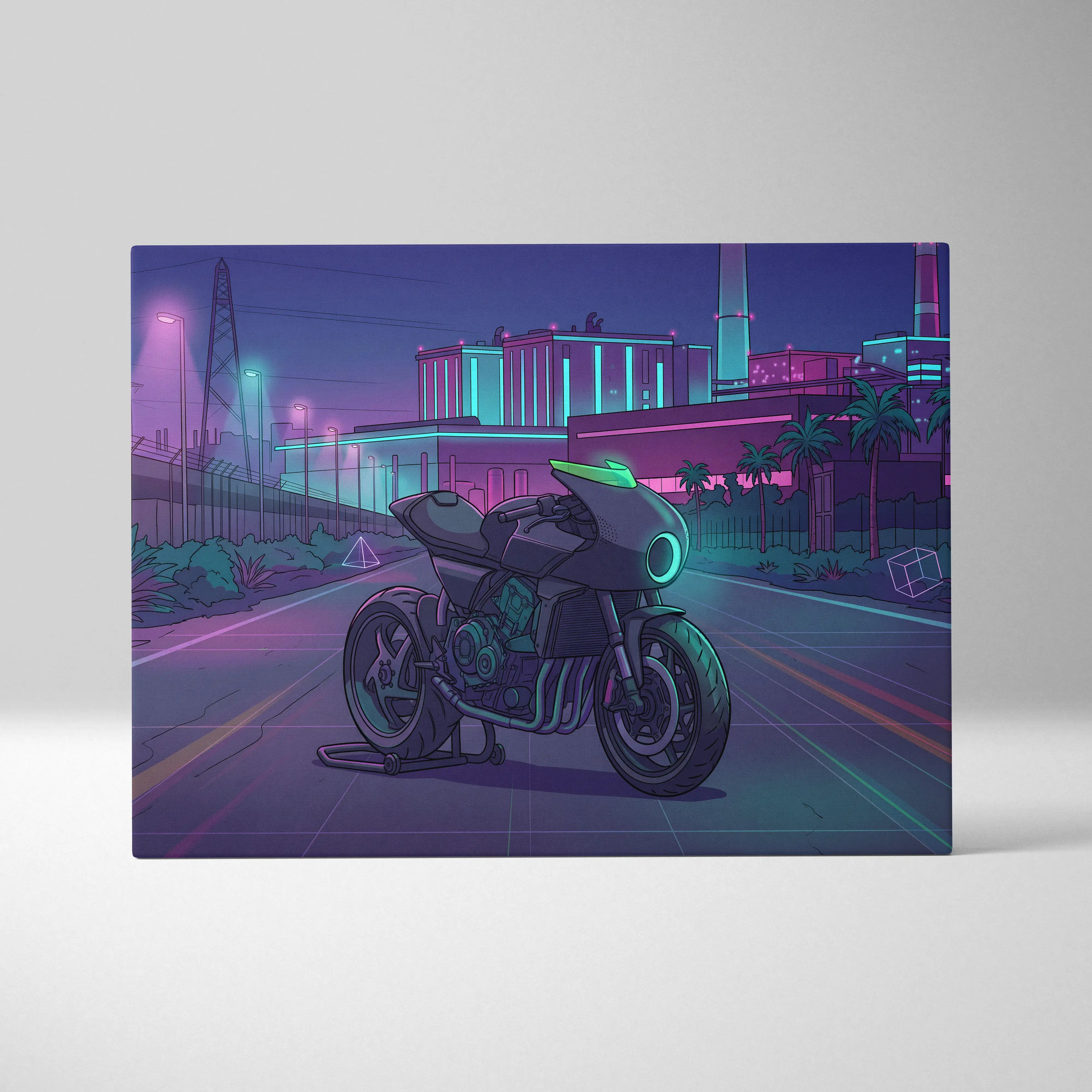 Honda CB1000R Inspired Purple Teal Motorcycle Canvas Wall Art Vaporwave Neon City Sportbike Artwork for Garage Decor Retro Futuristic Print