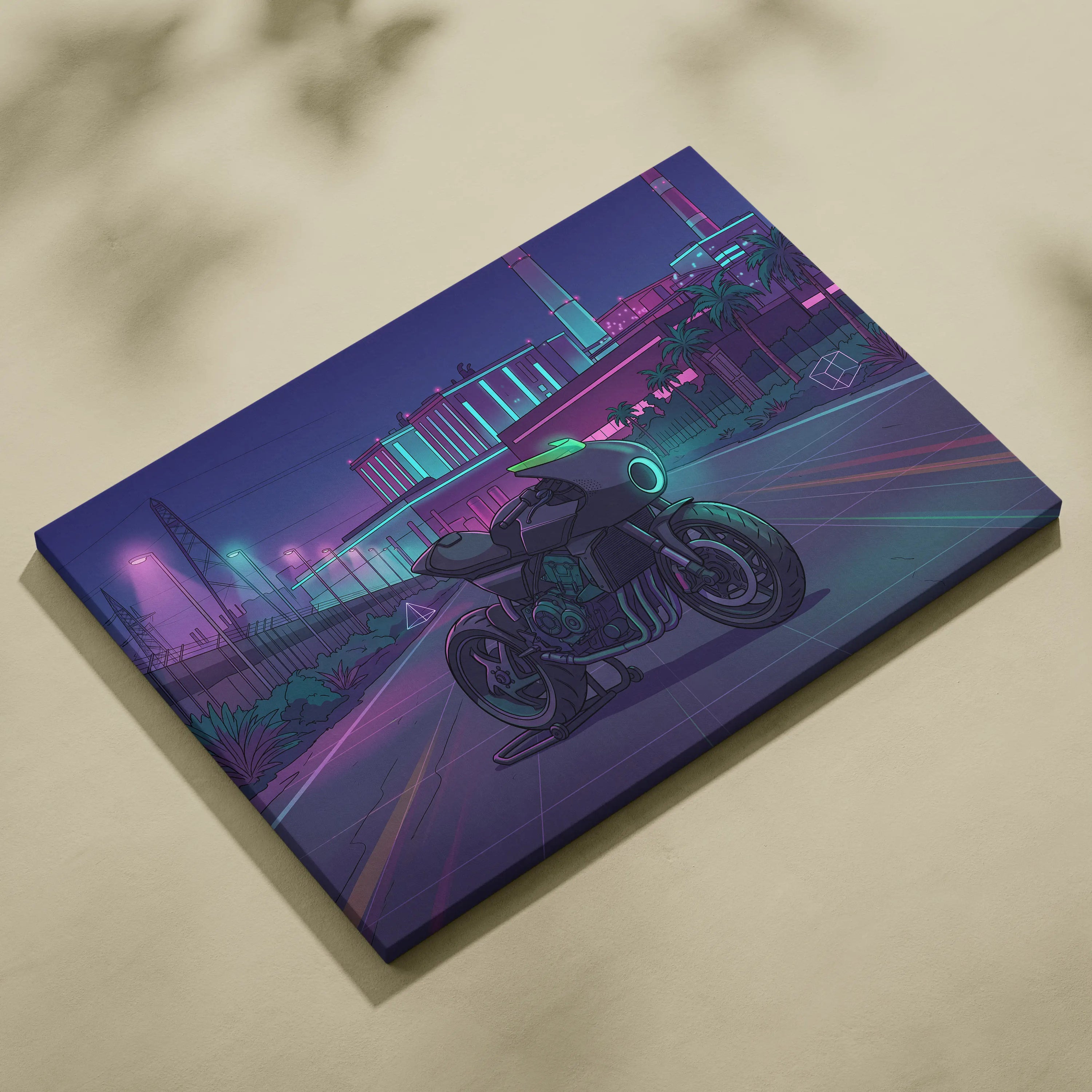 Honda CB1000R Inspired Purple Teal Motorcycle Canvas Wall Art Vaporwave Neon City Sportbike Artwork for Garage Decor Retro Futuristic Print