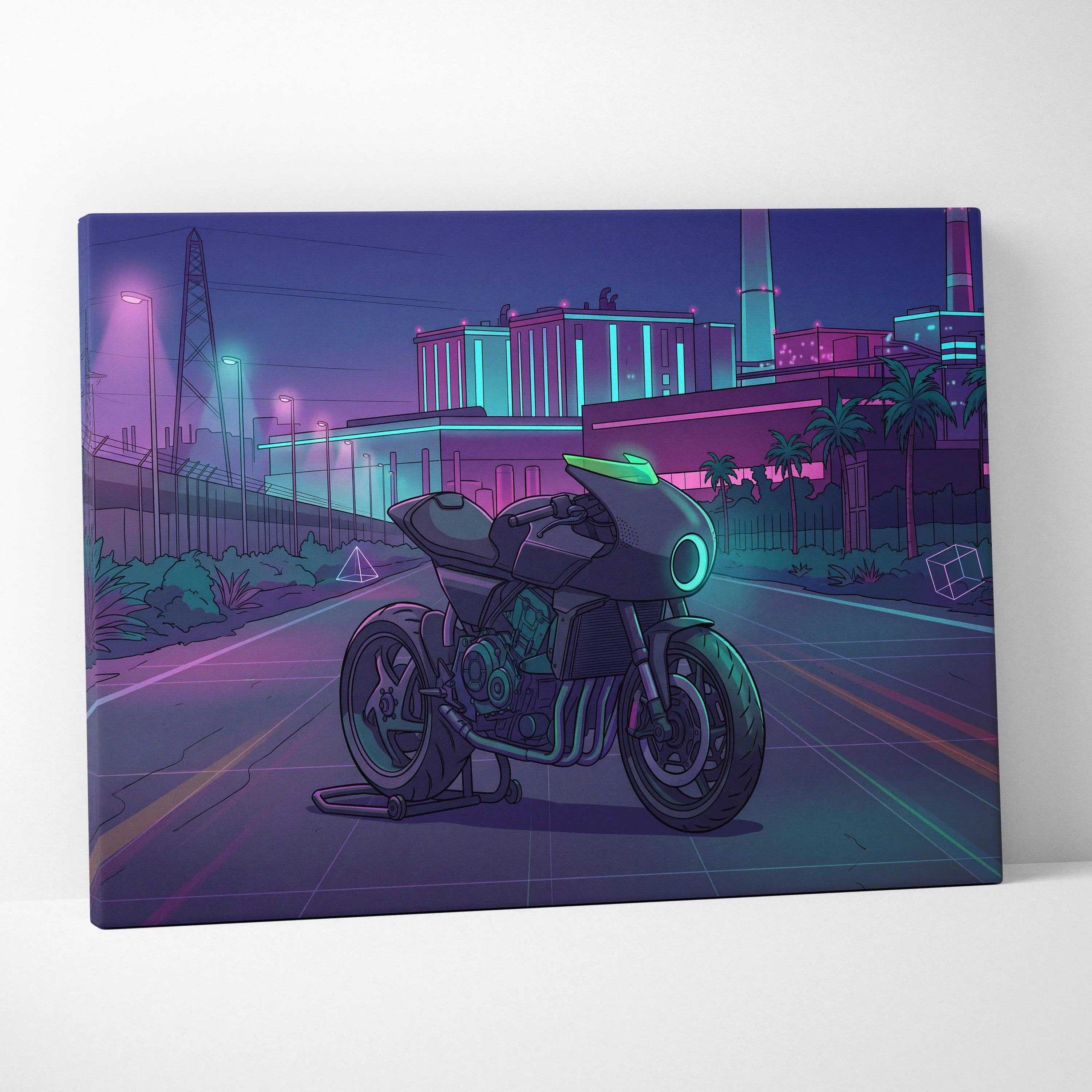 Honda CB1000R Inspired Purple Teal Motorcycle Canvas Wall Art Vaporwave Neon City Sportbike Artwork for Garage Decor Retro Futuristic Print