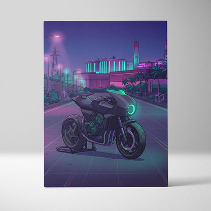 Honda CB1000R Inspired Purple Teal Motorcycle Canvas Wall Art Vaporwave Neon City Sportbike Artwork for Garage Decor Retro Futuristic Print