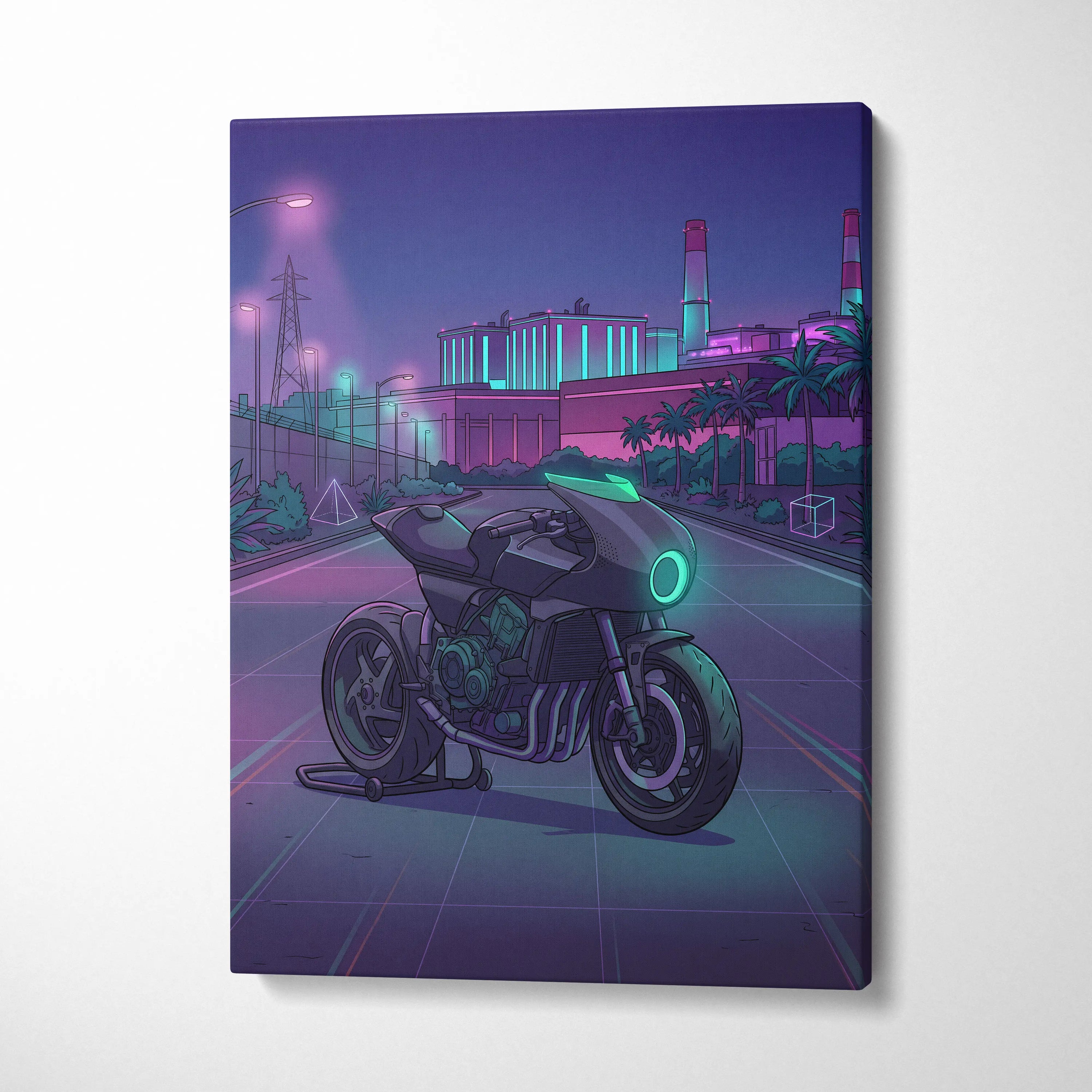 Honda CB1000R Inspired Purple Teal Motorcycle Canvas Wall Art Vaporwave Neon City Sportbike Artwork for Garage Decor Retro Futuristic Print