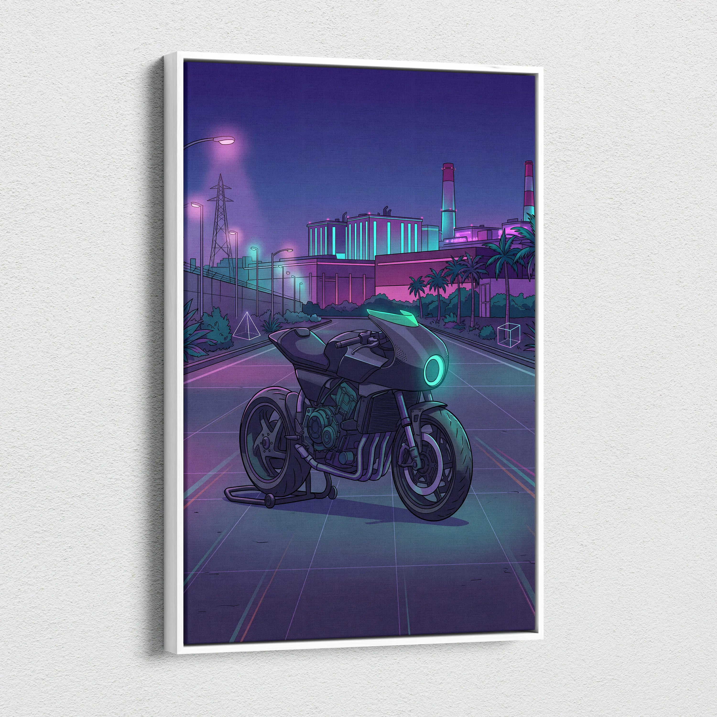 Honda CB1000R Inspired Purple Teal Motorcycle Canvas Wall Art Vaporwave Neon City Sportbike Artwork for Garage Decor Retro Futuristic Print
