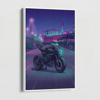 Honda CB1000R Inspired Purple Teal Motorcycle Canvas Wall Art Vaporwave Neon City Sportbike Artwork for Garage Decor Retro Futuristic Print