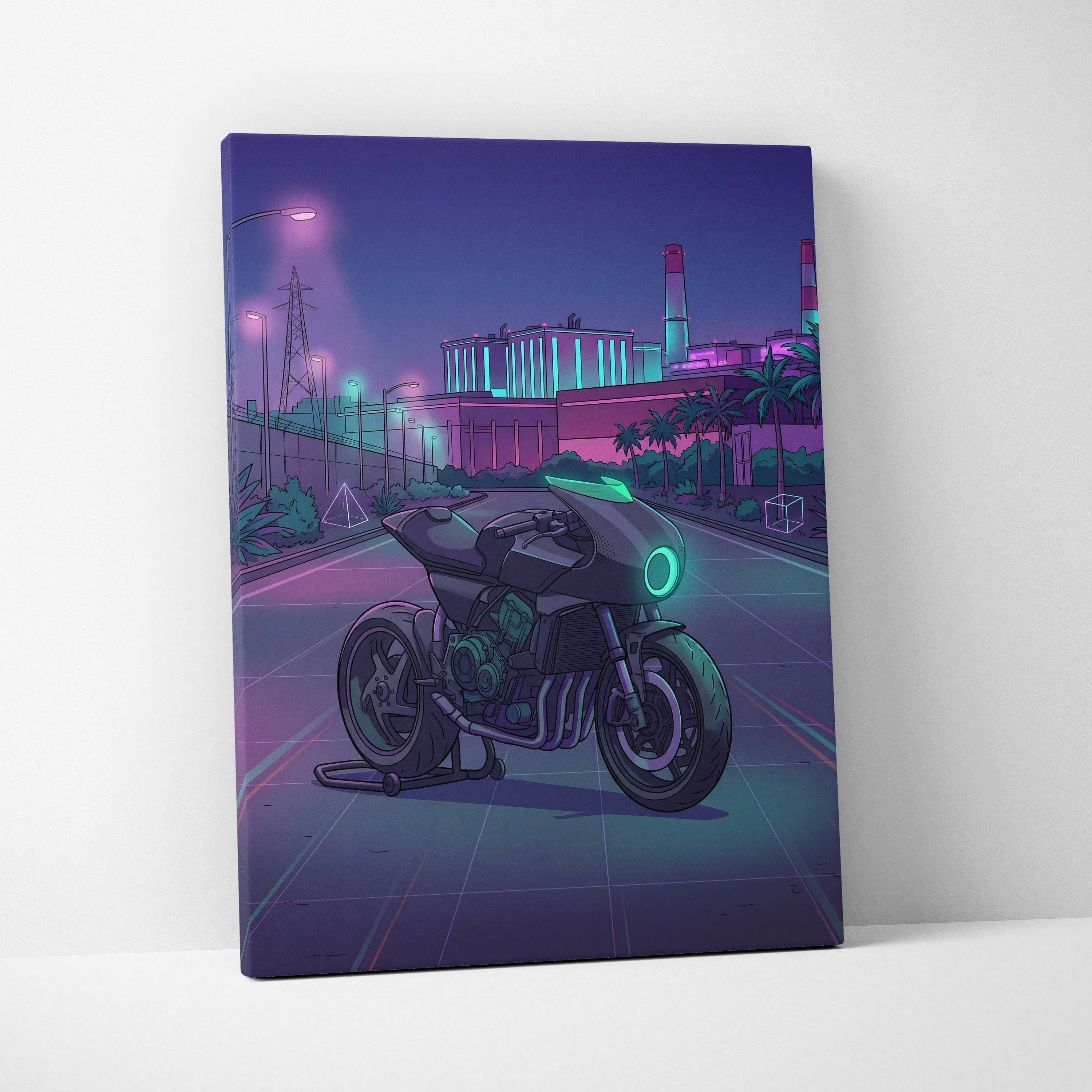 Honda CB1000R Inspired Purple Teal Motorcycle Canvas Wall Art Vaporwave Neon City Sportbike Artwork for Garage Decor Retro Futuristic Print