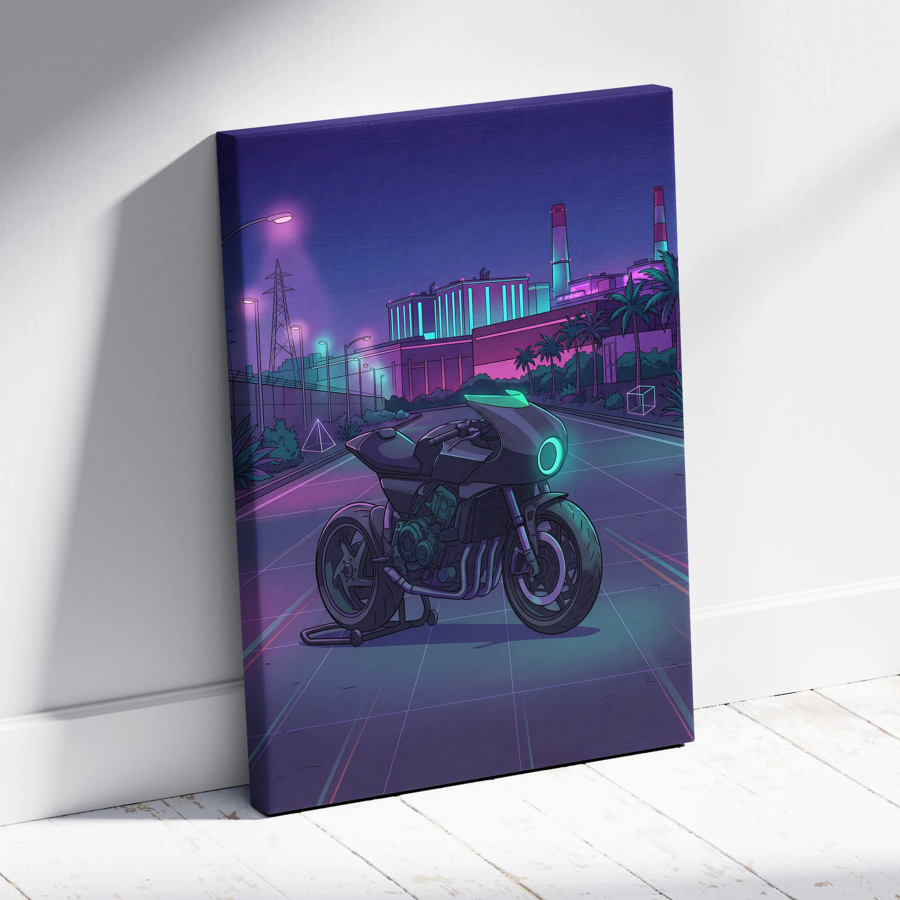 Honda CB1000R Inspired Purple Teal Motorcycle Canvas Wall Art Vaporwave Neon City Sportbike Artwork for Garage Decor Retro Futuristic Print