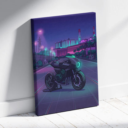 Honda CB1000R Inspired Purple Teal Motorcycle Canvas Wall Art Vaporwave Neon City Sportbike Artwork for Garage Decor Retro Futuristic Print