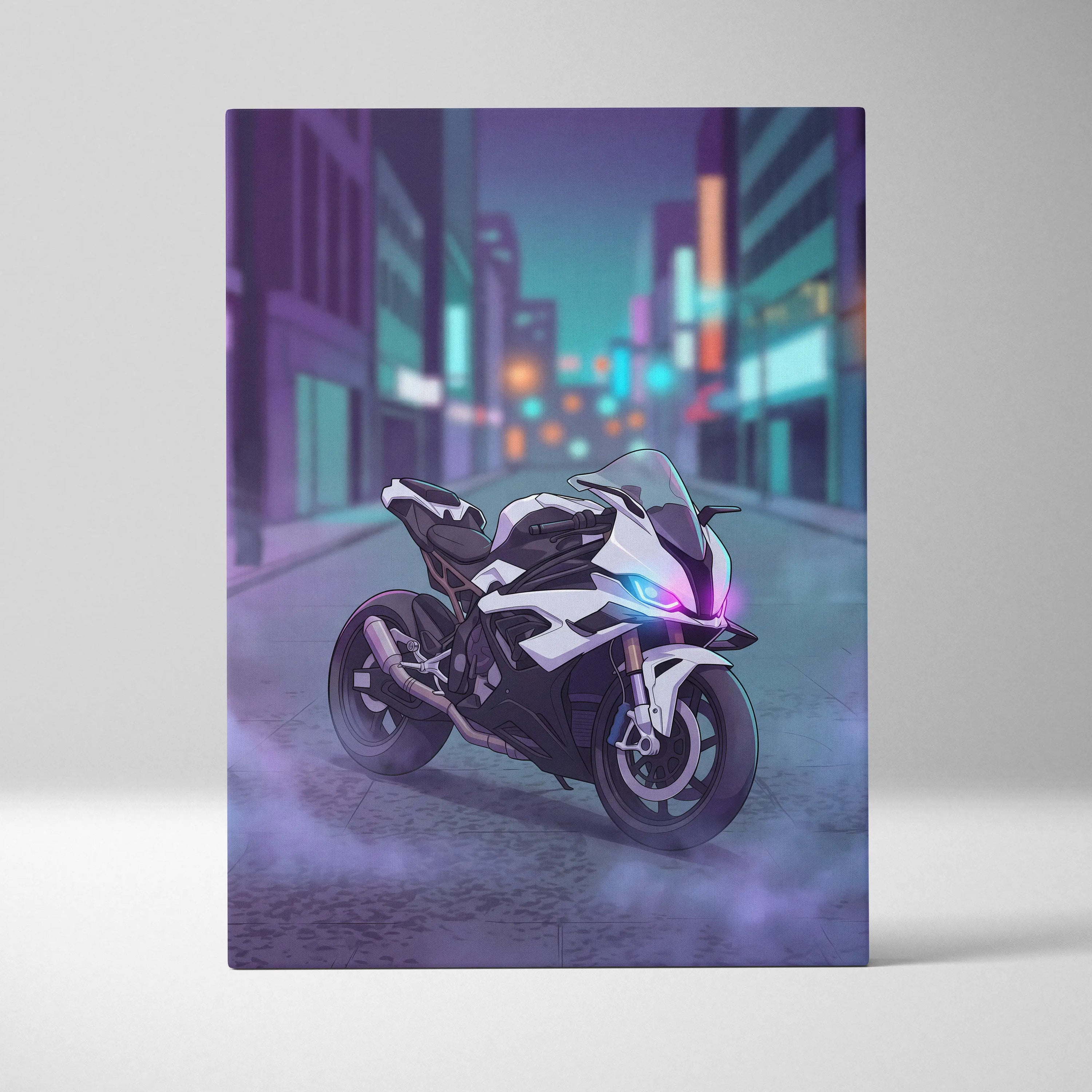 BMW S1000RR Inspired White Purple Motorcycle Canvas Wall Art Vaporwave Neon City Sportbike Garage Decor Cyberpunk Racing Artwork