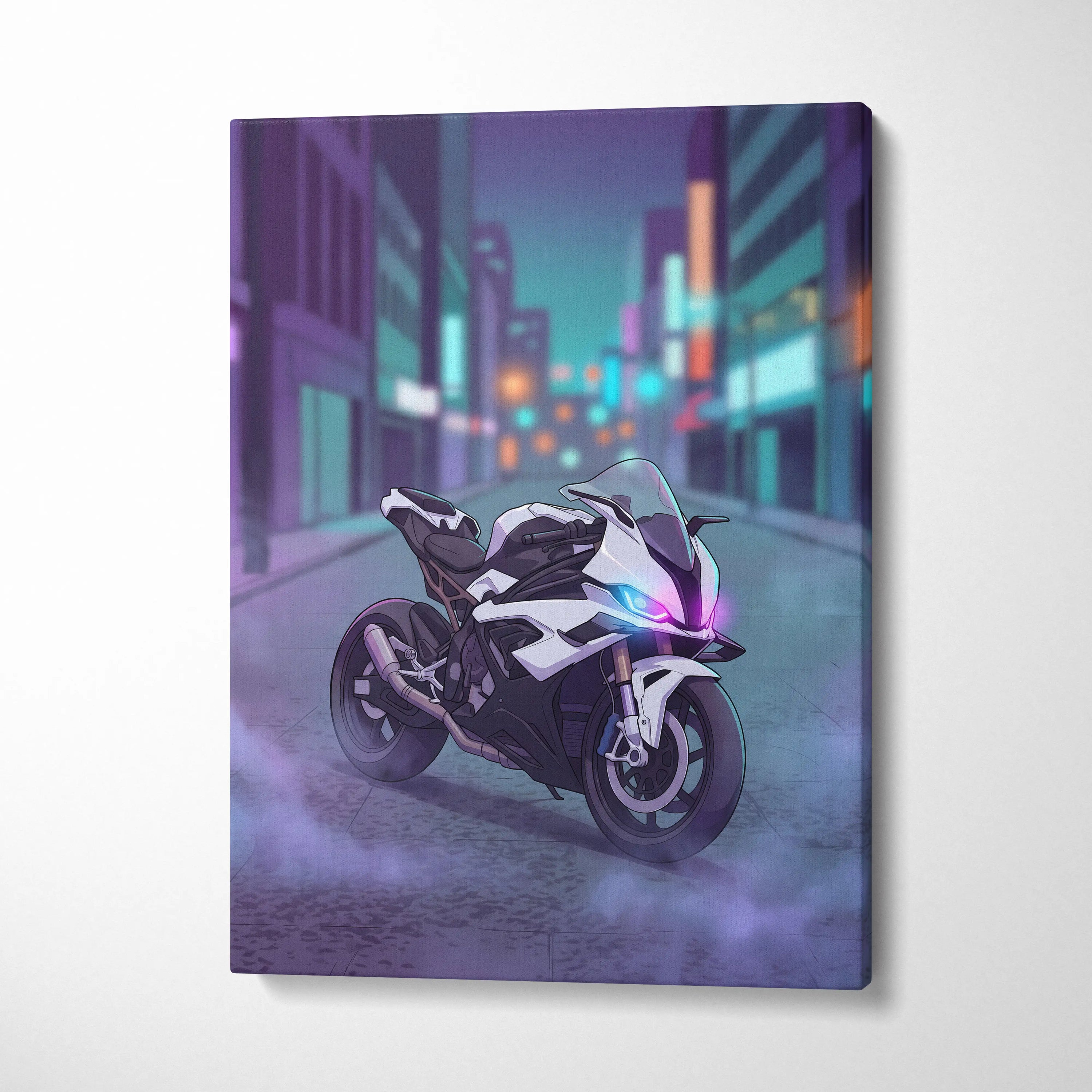 BMW S1000RR Inspired White Purple Motorcycle Canvas Wall Art Vaporwave Neon City Sportbike Garage Decor Cyberpunk Racing Artwork