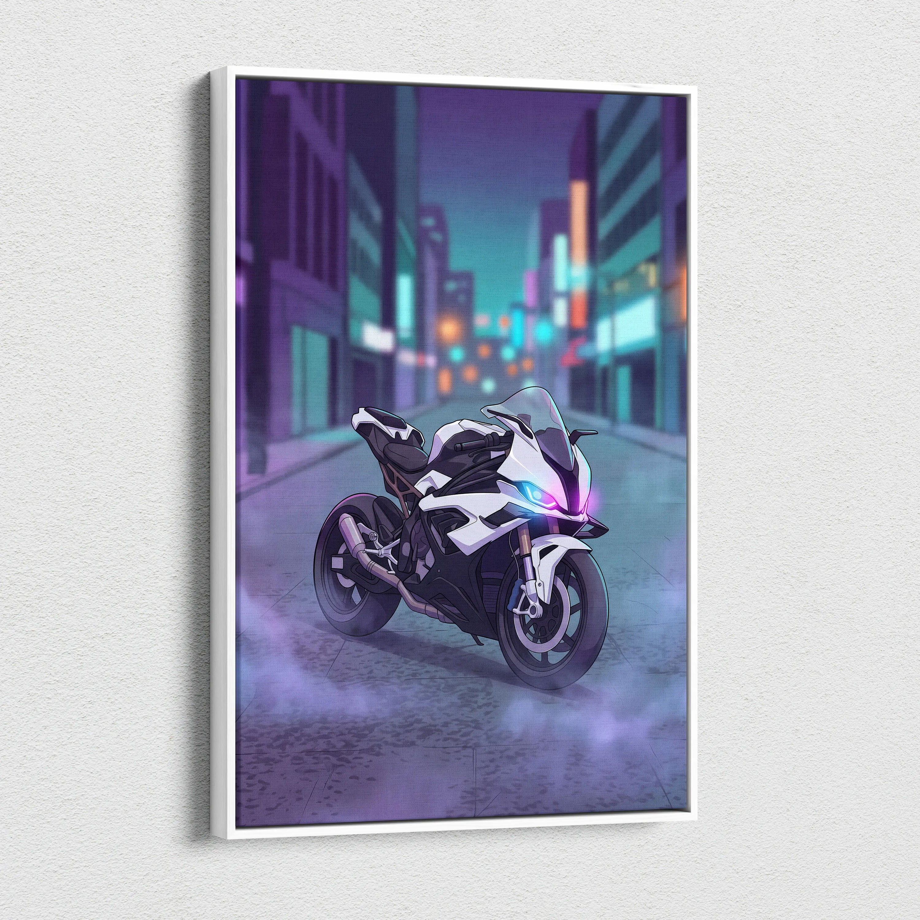 BMW S1000RR Inspired White Purple Motorcycle Canvas Wall Art Vaporwave Neon City Sportbike Garage Decor Cyberpunk Racing Artwork