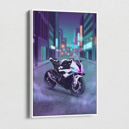 BMW S1000RR Inspired White Purple Motorcycle Canvas Wall Art Vaporwave Neon City Sportbike Garage Decor Cyberpunk Racing Artwork