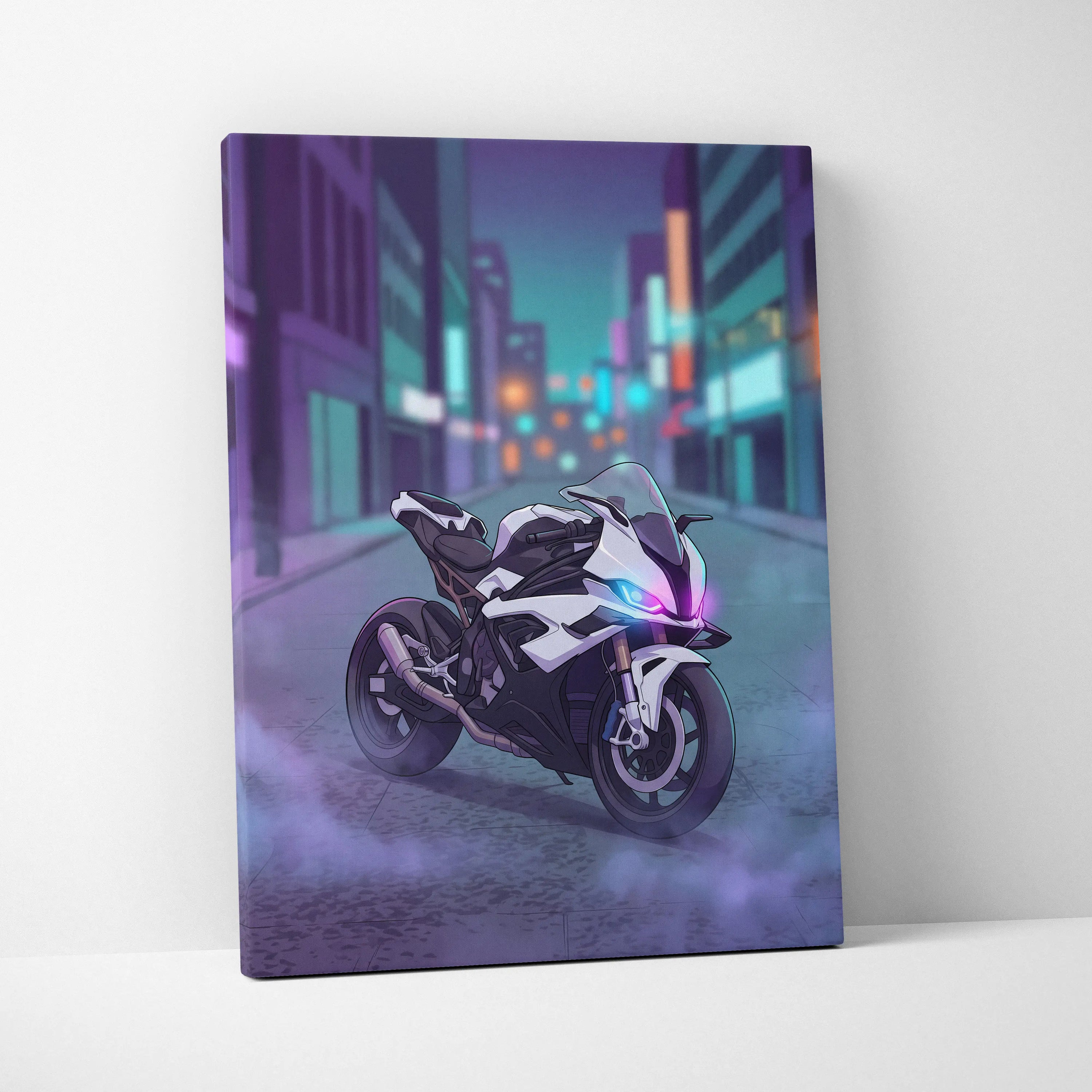 BMW S1000RR Inspired White Purple Motorcycle Canvas Wall Art Vaporwave Neon City Sportbike Garage Decor Cyberpunk Racing Artwork
