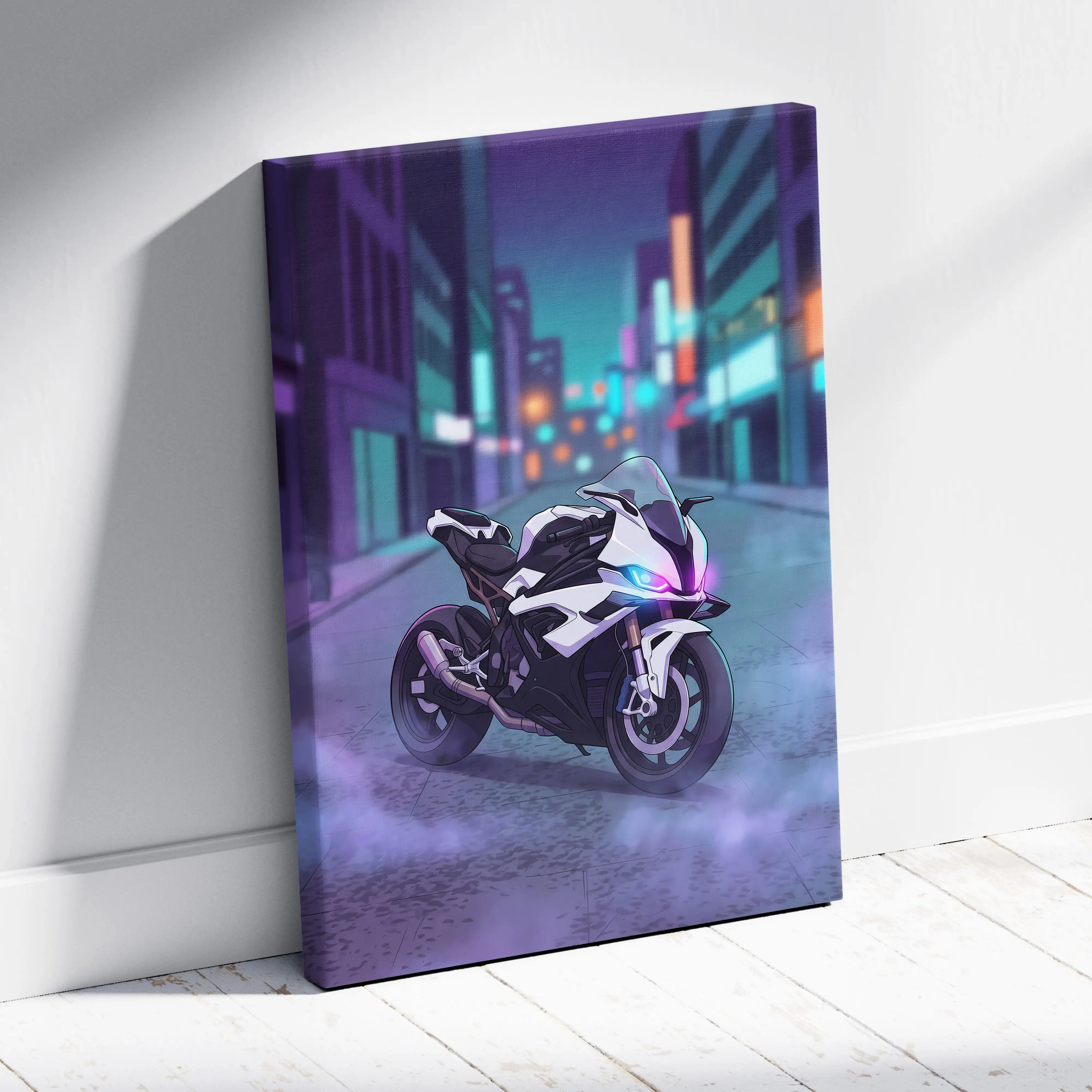 BMW S1000RR Inspired White Purple Motorcycle Canvas Wall Art Vaporwave Neon City Sportbike Garage Decor Cyberpunk Racing Artwork