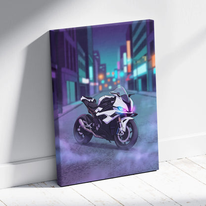 BMW S1000RR Inspired White Purple Motorcycle Canvas Wall Art Vaporwave Neon City Sportbike Garage Decor Cyberpunk Racing Artwork
