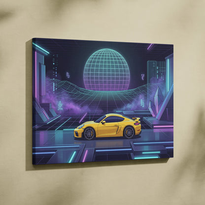 Porsche 718 Cayman GT4 Inspired Yellow Purple Canvas Wall Art Vaporwave Neon Grid Sports Car Artwork, Futuristic Garage Decor