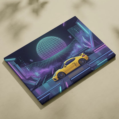 Porsche 718 Cayman GT4 Inspired Yellow Purple Canvas Wall Art Vaporwave Neon Grid Sports Car Artwork, Futuristic Garage Decor