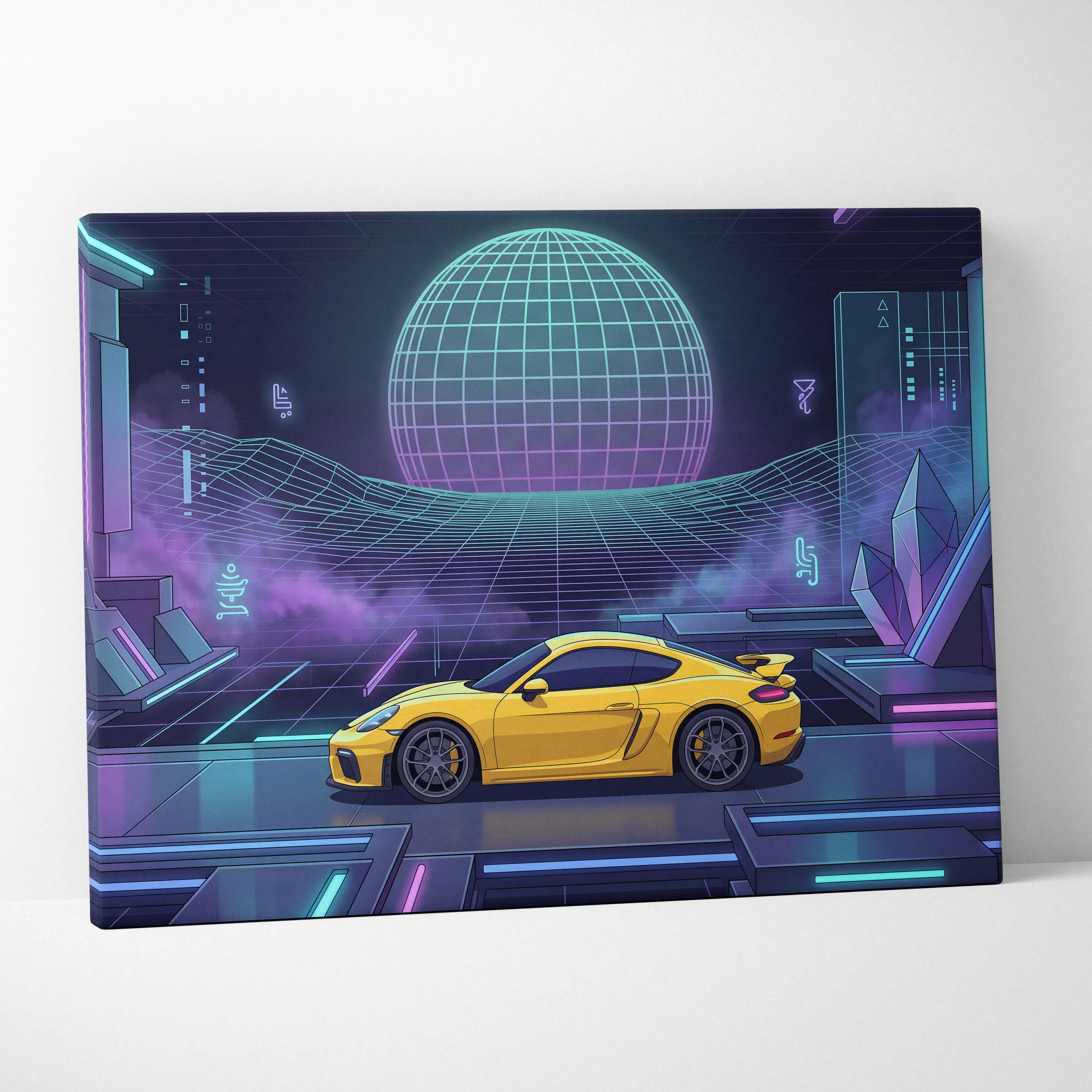 Porsche 718 Cayman GT4 Inspired Yellow Purple Canvas Wall Art Vaporwave Neon Grid Sports Car Artwork, Futuristic Garage Decor