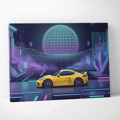 Porsche 718 Cayman GT4 Inspired Yellow Purple Canvas Wall Art Vaporwave Neon Grid Sports Car Artwork, Futuristic Garage Decor