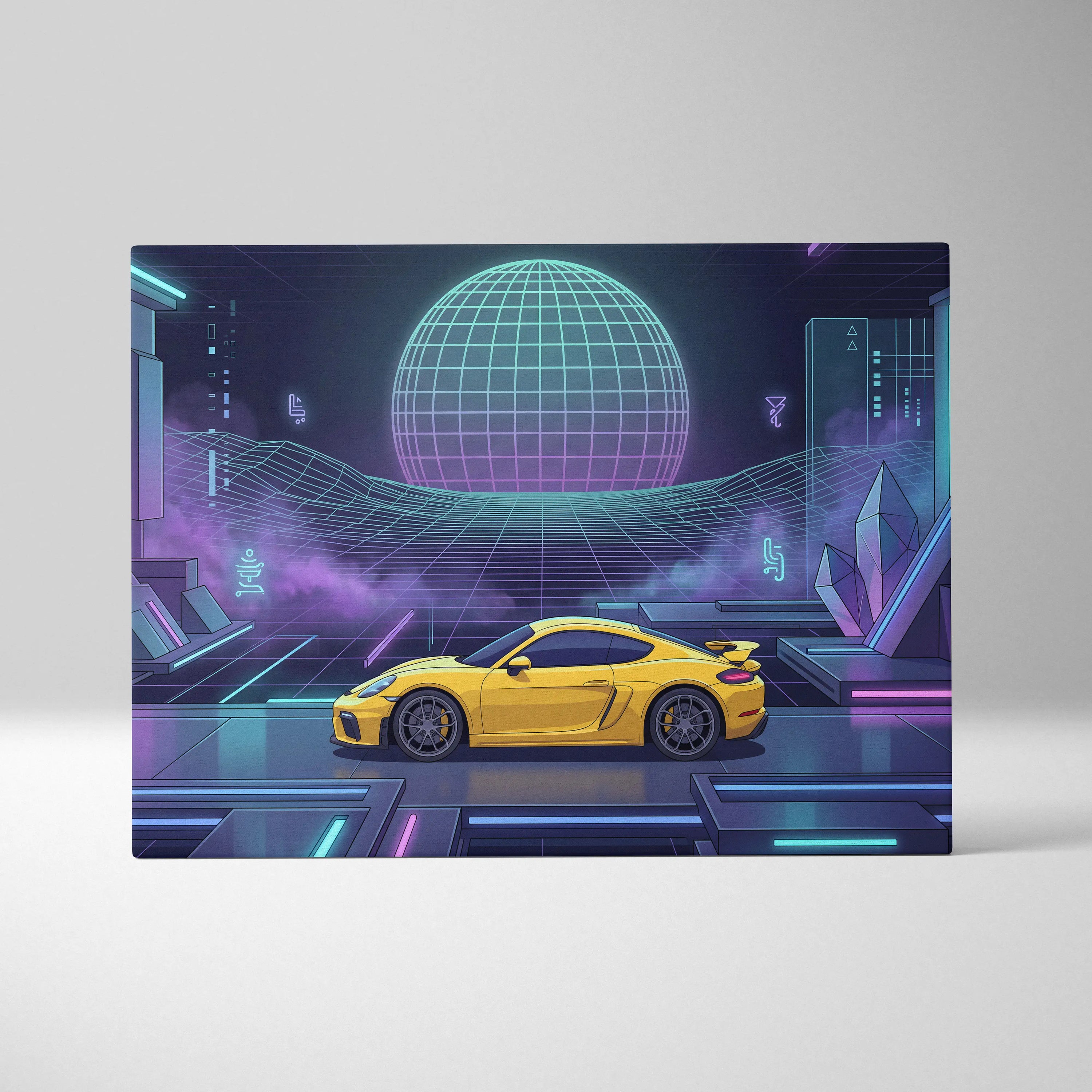 Porsche 718 Cayman GT4 Inspired Yellow Purple Canvas Wall Art Vaporwave Neon Grid Sports Car Artwork, Futuristic Garage Decor
