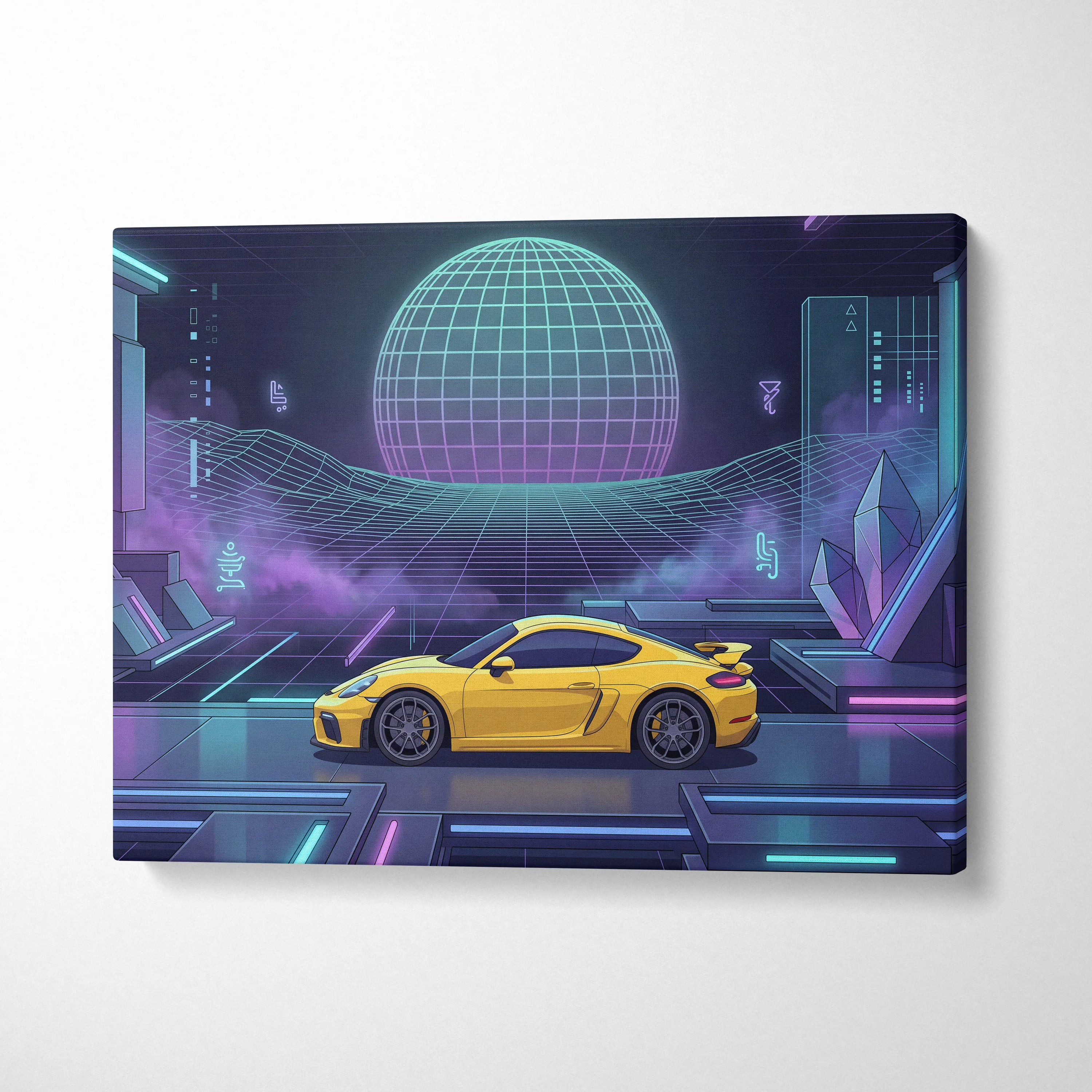 Porsche 718 Cayman GT4 Inspired Yellow Purple Canvas Wall Art Vaporwave Neon Grid Sports Car Artwork, Futuristic Garage Decor