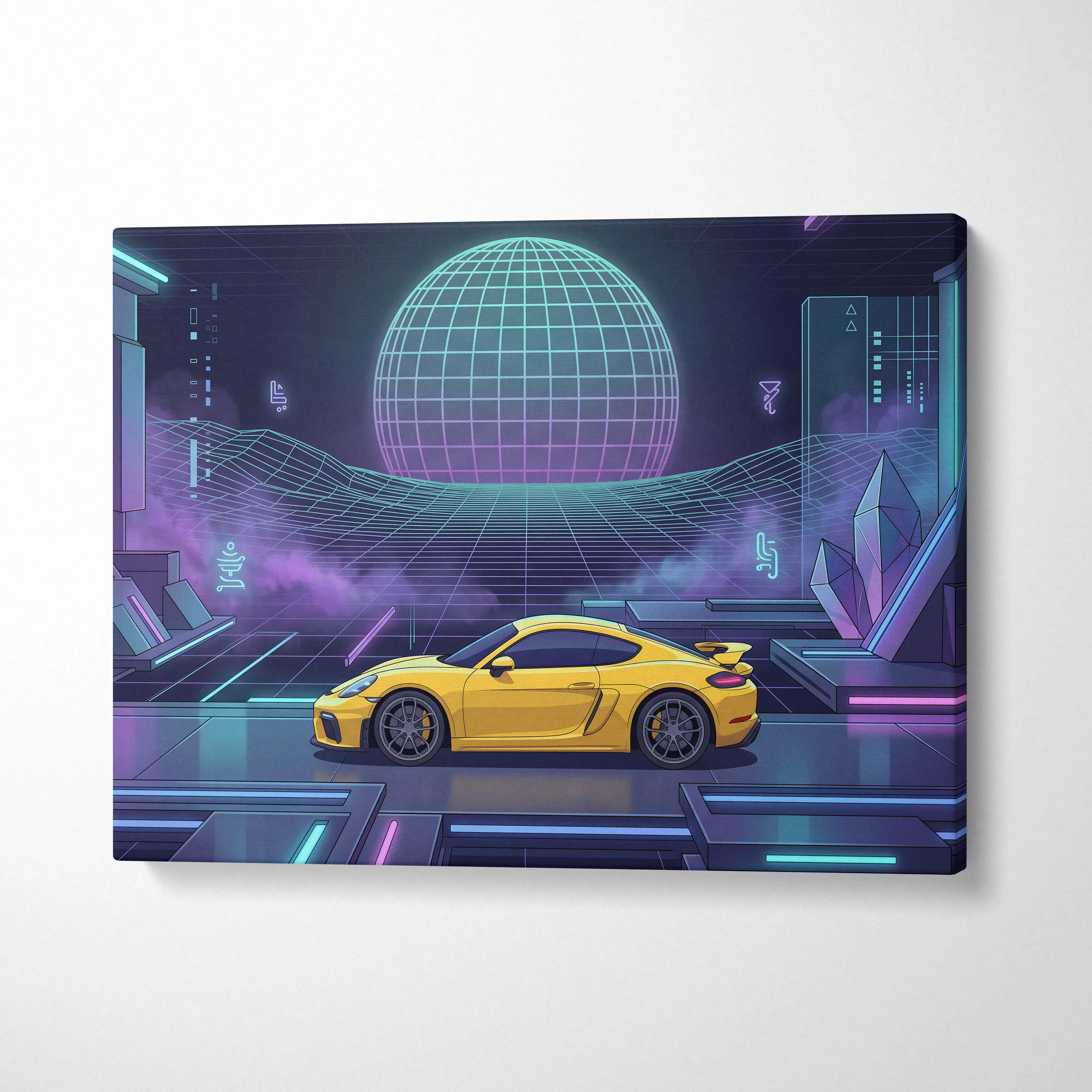 Porsche 718 Cayman GT4 Inspired Yellow Purple Canvas Wall Art Vaporwave Neon Grid Sports Car Artwork, Futuristic Garage Decor