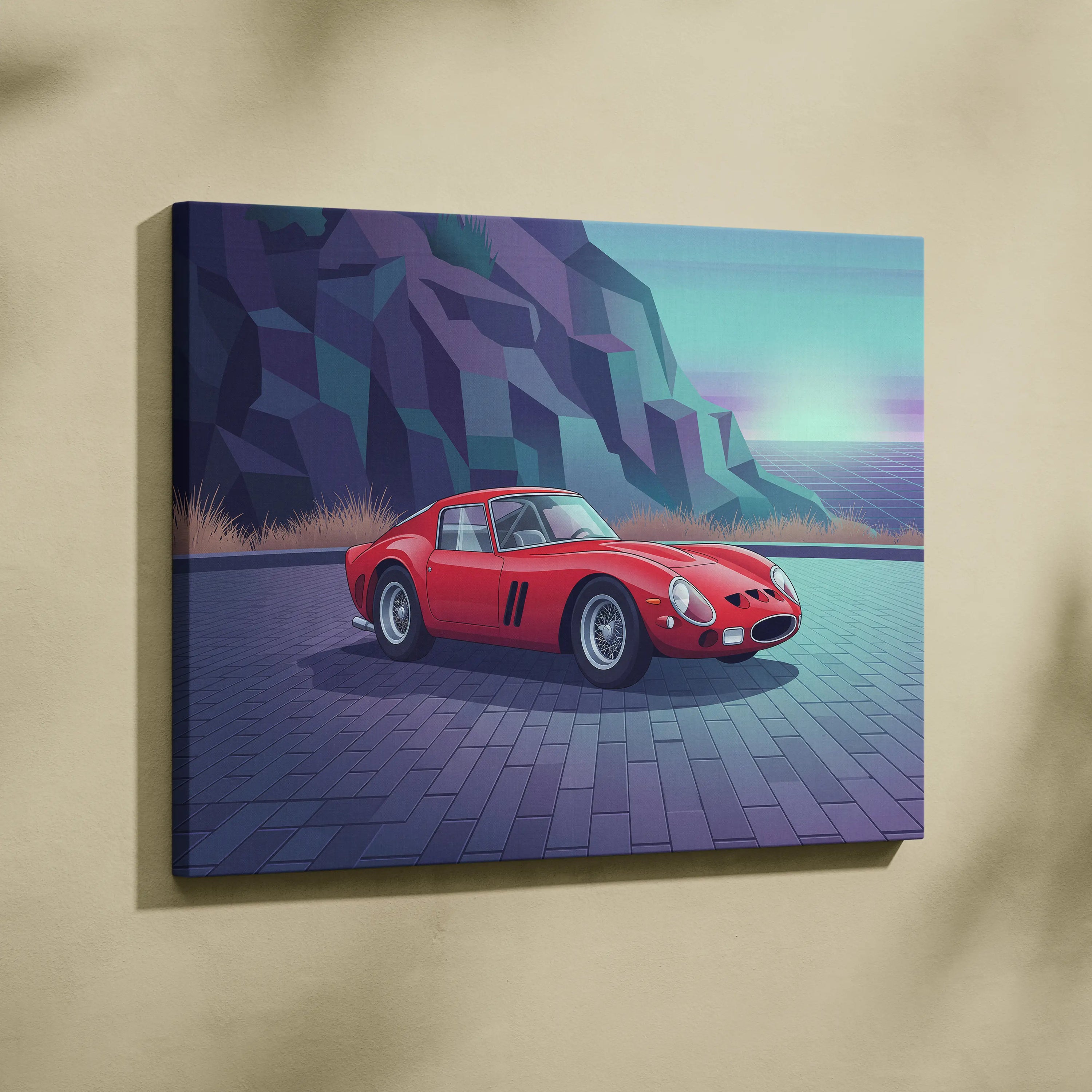 Ferrari 250 GTO Inspired Red Teal Canvas Wall Art, Vaporwave Classic Car Artwork, Neon Mountain Garage Decor, Retro Futuristic Exotic Print