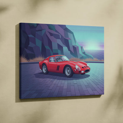 Ferrari 250 GTO Inspired Red Teal Canvas Wall Art, Vaporwave Classic Car Artwork, Neon Mountain Garage Decor, Retro Futuristic Exotic Print