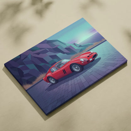Ferrari 250 GTO Inspired Red Teal Canvas Wall Art, Vaporwave Classic Car Artwork, Neon Mountain Garage Decor, Retro Futuristic Exotic Print