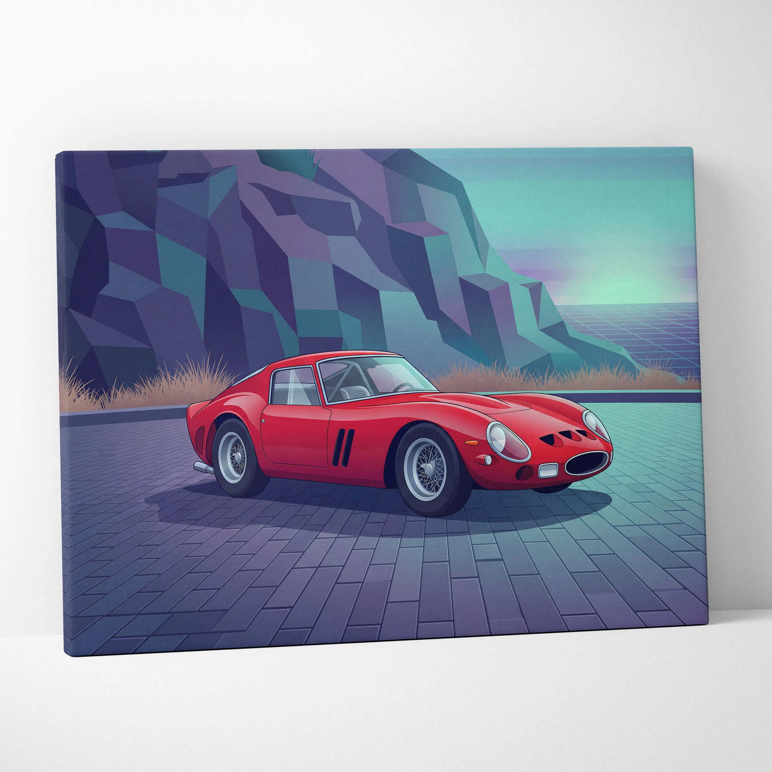 Ferrari 250 GTO Inspired Red Teal Canvas Wall Art, Vaporwave Classic Car Artwork, Neon Mountain Garage Decor, Retro Futuristic Exotic Print