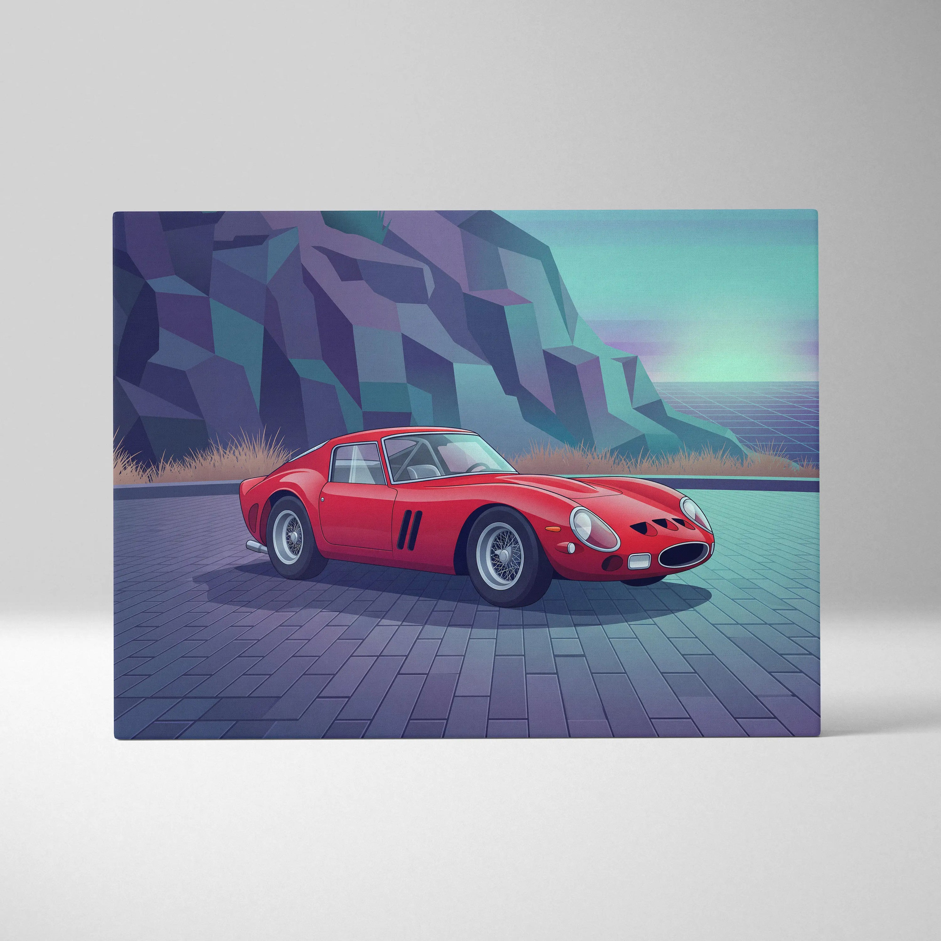 Ferrari 250 GTO Inspired Red Teal Canvas Wall Art, Vaporwave Classic Car Artwork, Neon Mountain Garage Decor, Retro Futuristic Exotic Print