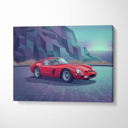 Ferrari 250 GTO Inspired Red Teal Canvas Wall Art, Vaporwave Classic Car Artwork, Neon Mountain Garage Decor, Retro Futuristic Exotic Print