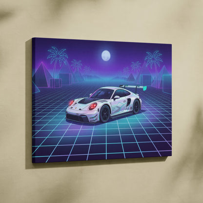 Porsche 911 GT3 RS Inspired White Purple Canvas Wall Art Vaporwave Neon Grid Sports Car Artwork, Moonlit Palm Garage Decor