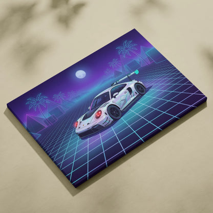 Porsche 911 GT3 RS Inspired White Purple Canvas Wall Art Vaporwave Neon Grid Sports Car Artwork, Moonlit Palm Garage Decor