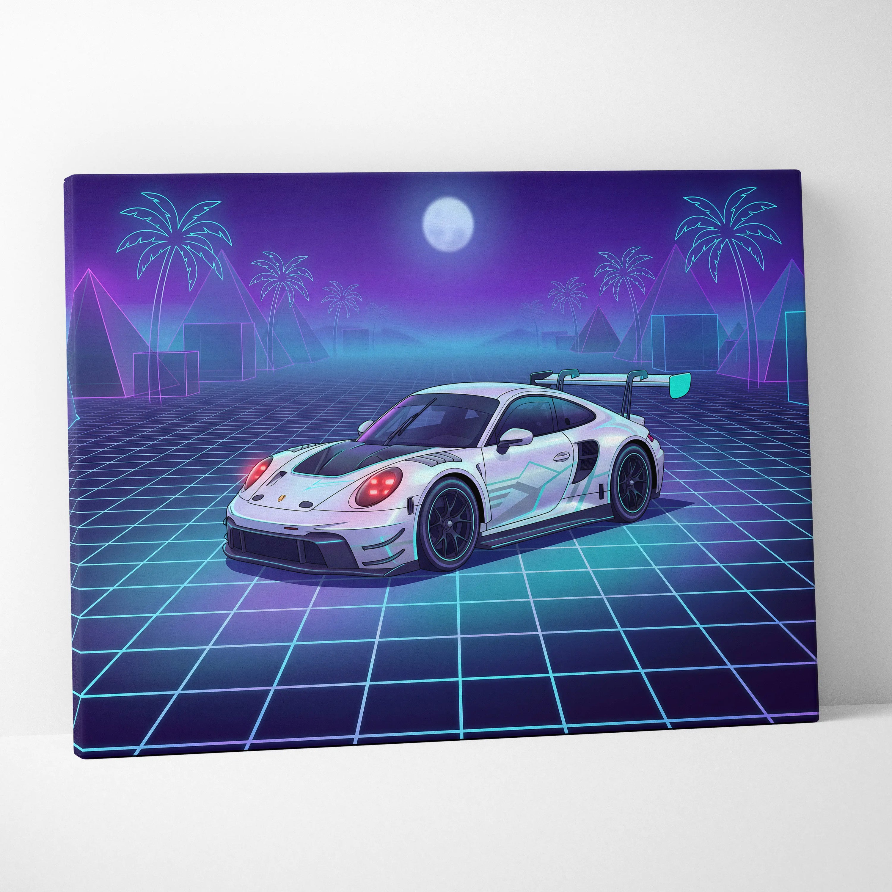 Porsche 911 GT3 RS Inspired White Purple Canvas Wall Art Vaporwave Neon Grid Sports Car Artwork, Moonlit Palm Garage Decor