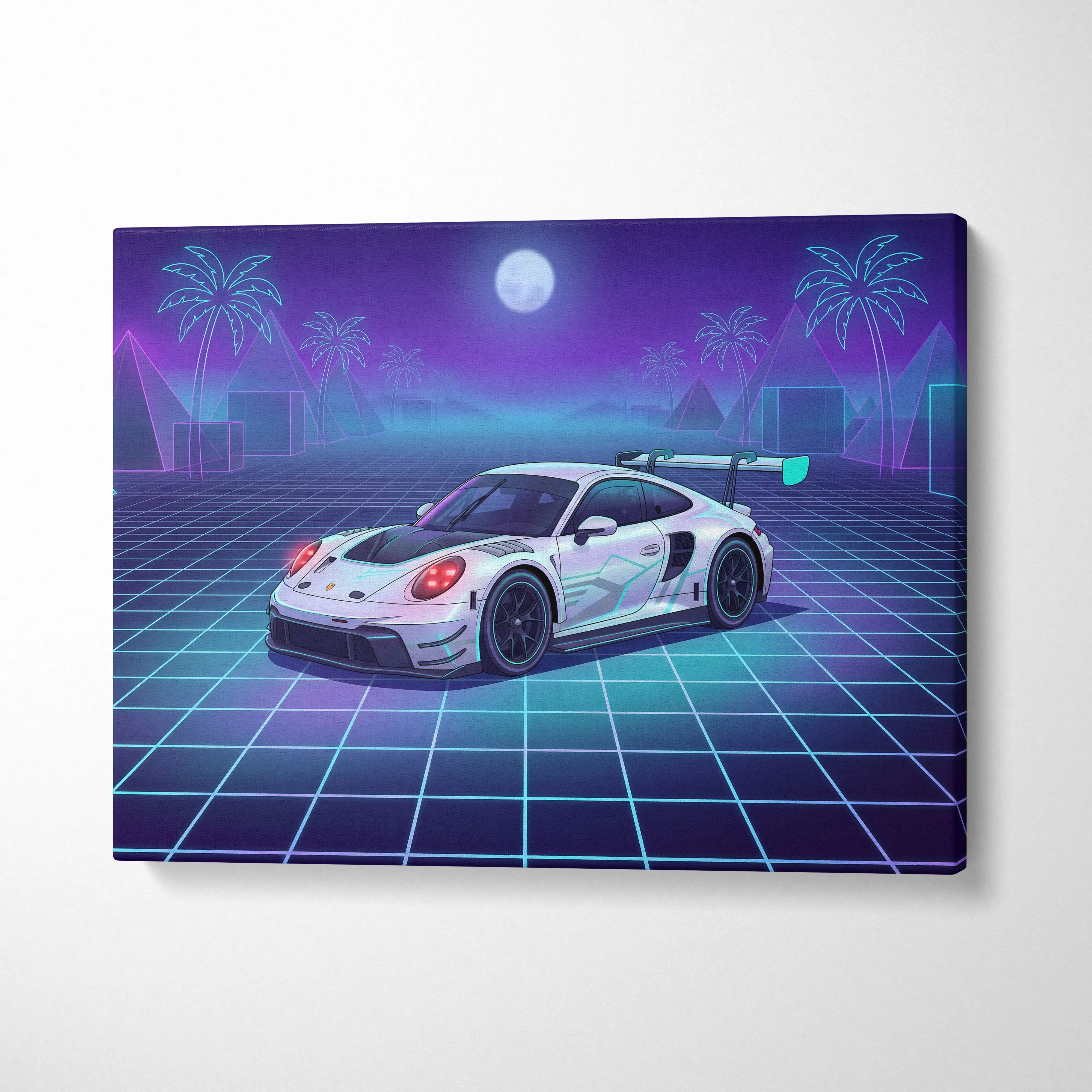 Porsche 911 GT3 RS Inspired White Purple Canvas Wall Art Vaporwave Neon Grid Sports Car Artwork, Moonlit Palm Garage Decor