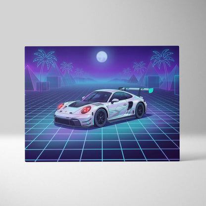 Porsche 911 GT3 RS Inspired White Purple Canvas Wall Art Vaporwave Neon Grid Sports Car Artwork, Moonlit Palm Garage Decor
