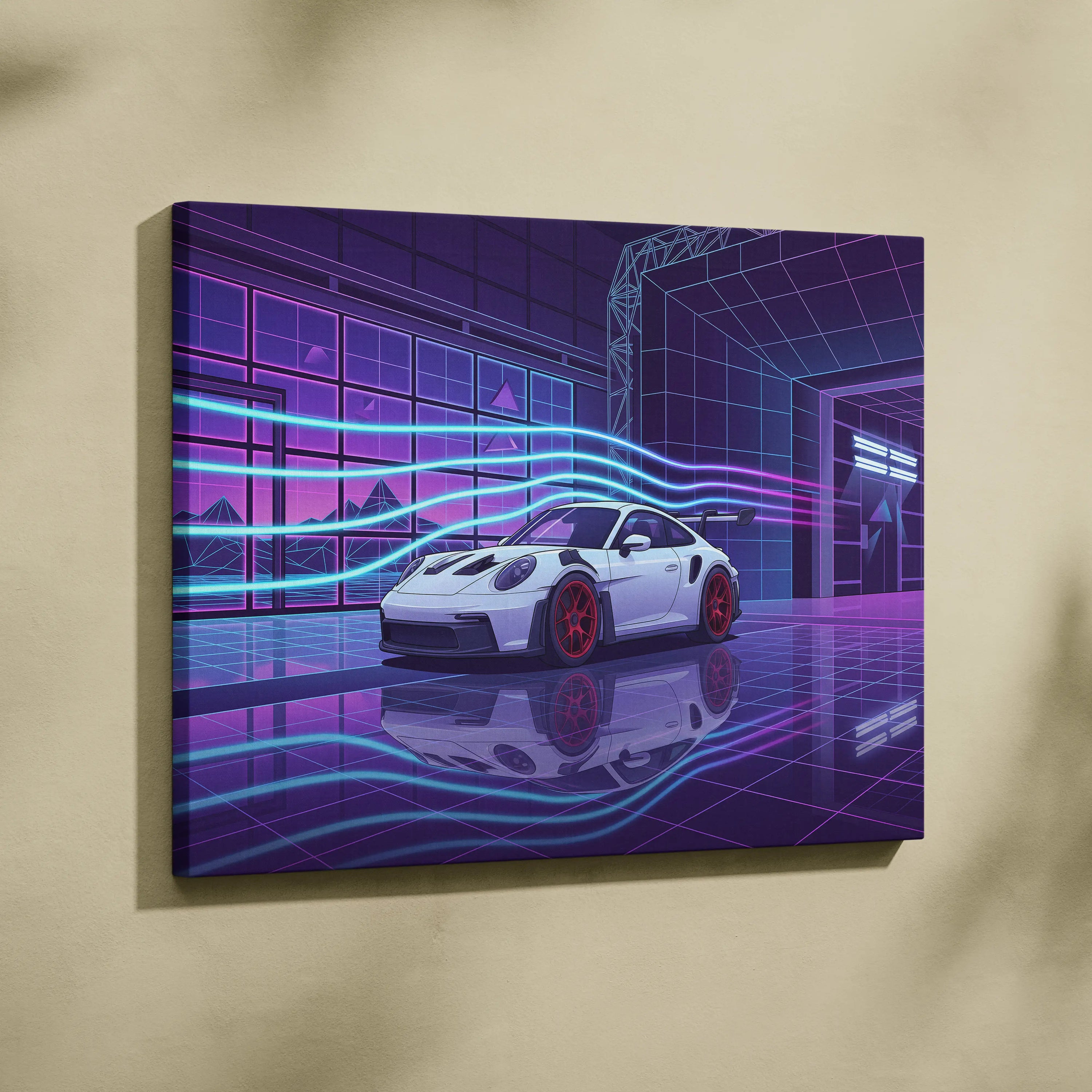 Porsche 911 GT3 RS Inspired White Purple Canvas Wall Art Vaporwave Neon City Sports Car Artwork, Cyberpunk Garage Decor