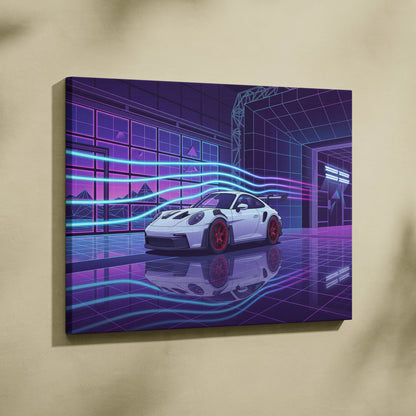 Porsche 911 GT3 RS Inspired White Purple Canvas Wall Art Vaporwave Neon City Sports Car Artwork, Cyberpunk Garage Decor