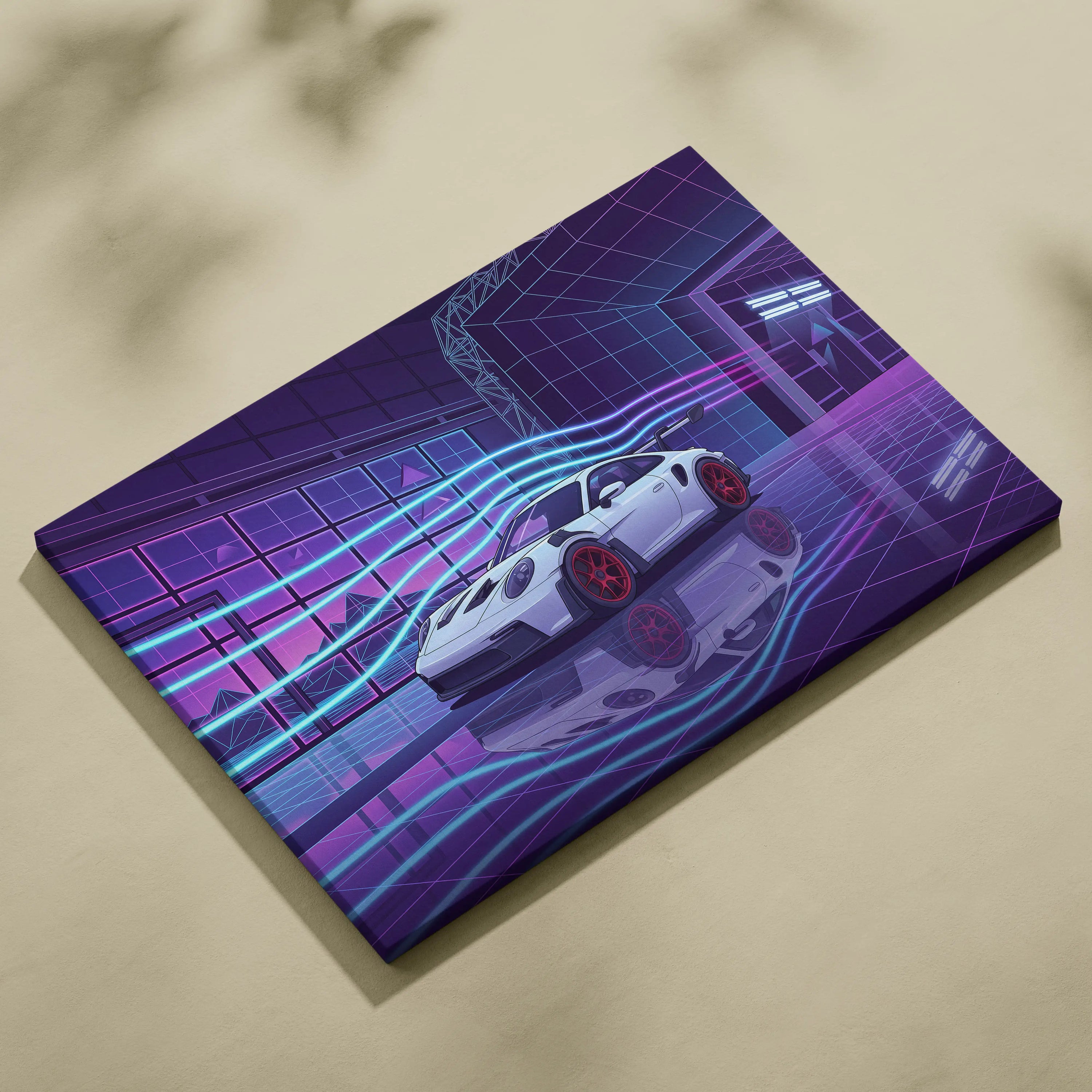Porsche 911 GT3 RS Inspired White Purple Canvas Wall Art Vaporwave Neon City Sports Car Artwork, Cyberpunk Garage Decor