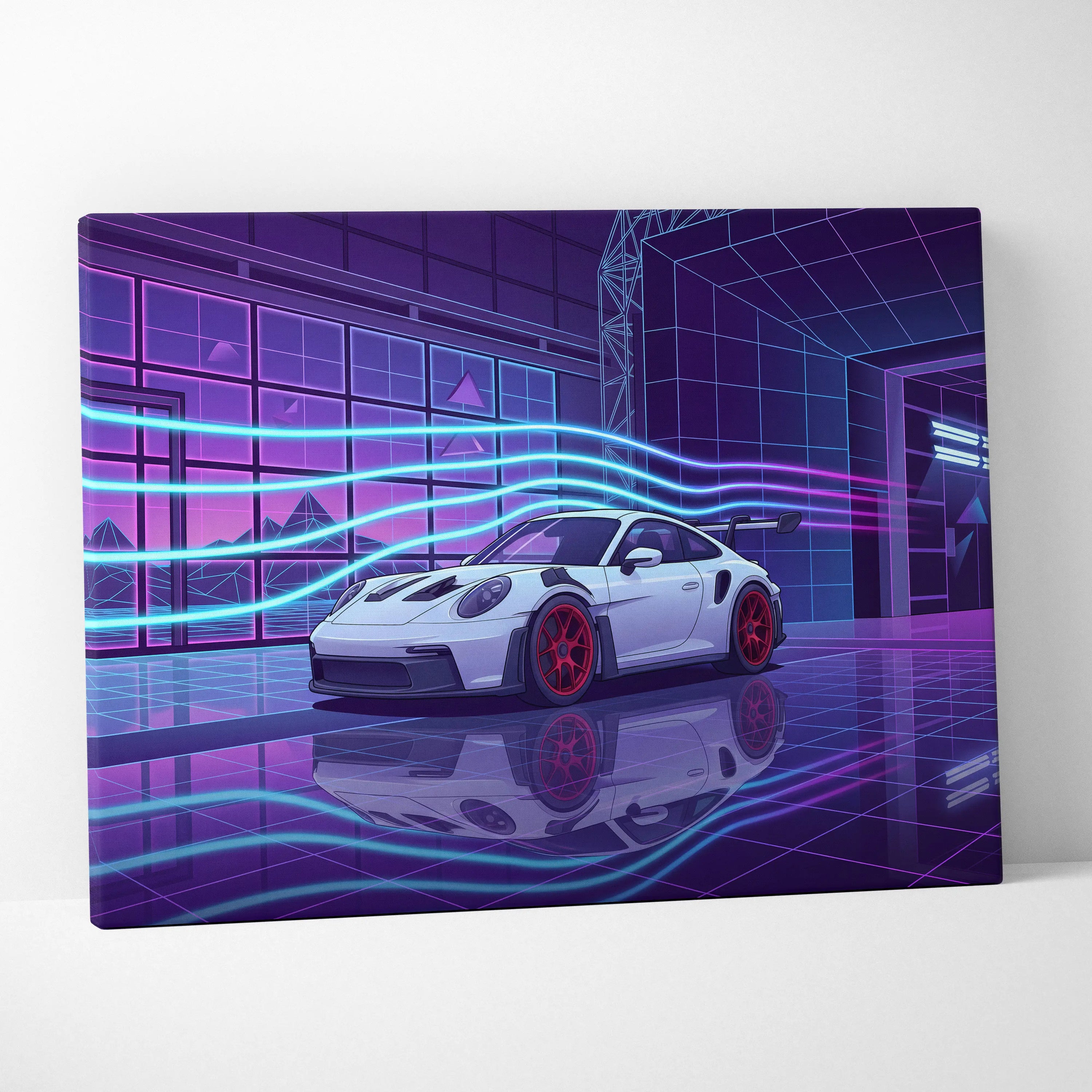 Porsche 911 GT3 RS Inspired White Purple Canvas Wall Art Vaporwave Neon City Sports Car Artwork, Cyberpunk Garage Decor