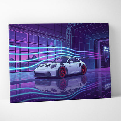 Porsche 911 GT3 RS Inspired White Purple Canvas Wall Art Vaporwave Neon City Sports Car Artwork, Cyberpunk Garage Decor