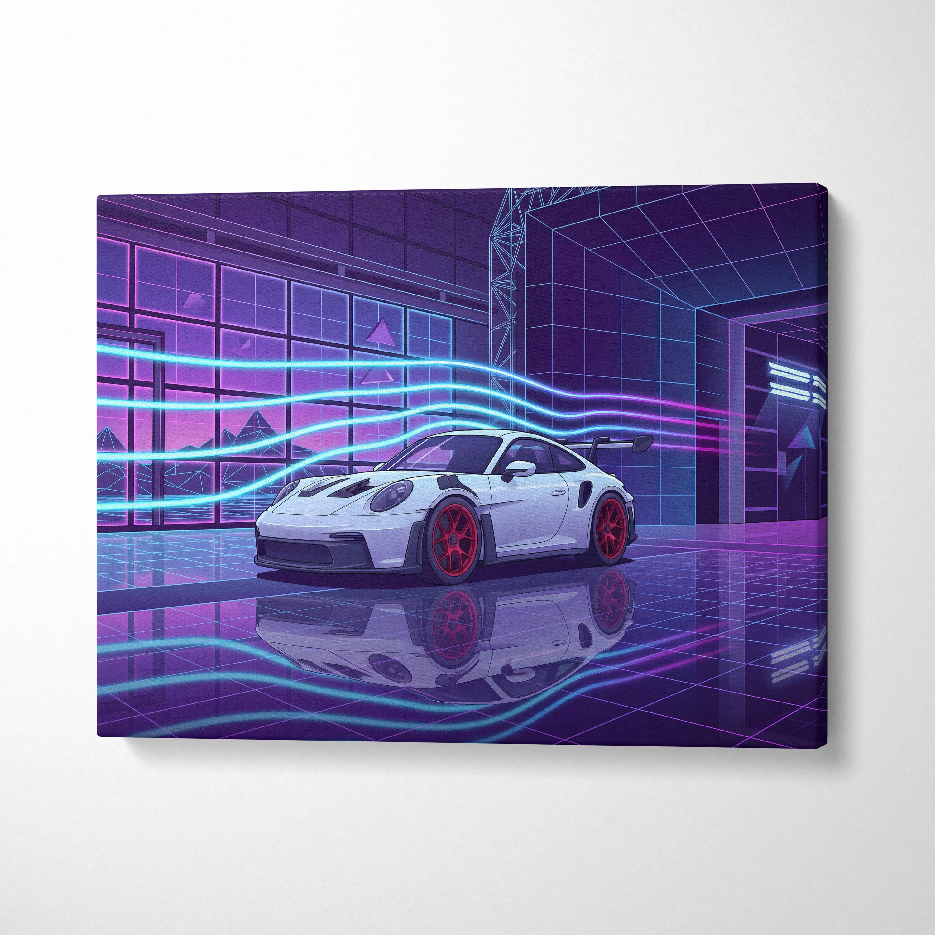 Porsche 911 GT3 RS Inspired White Purple Canvas Wall Art Vaporwave Neon City Sports Car Artwork, Cyberpunk Garage Decor